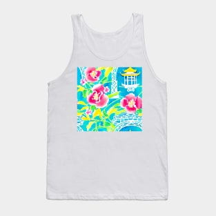 Flowers and pagodas on turquoise Tank Top